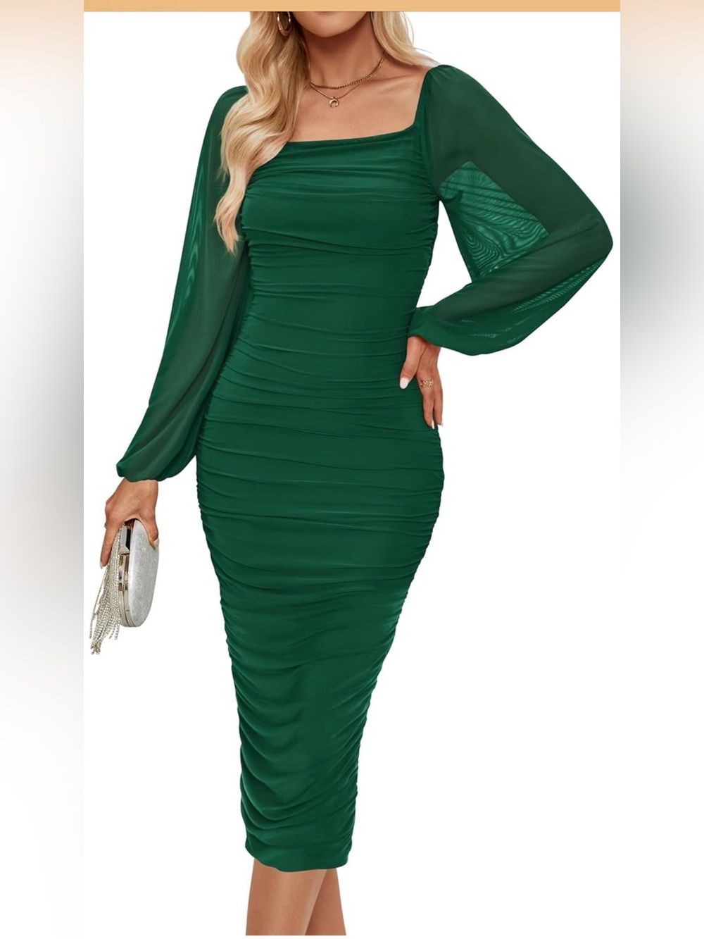 Zesica Elegant Green Ruched Midi Dress with Sheer Bishop Sleeves size large